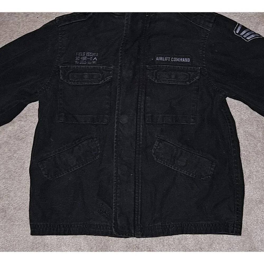 Old Navy Black Denim Jacket Full Zip Hooded Boys XS Airlift Command Halloween